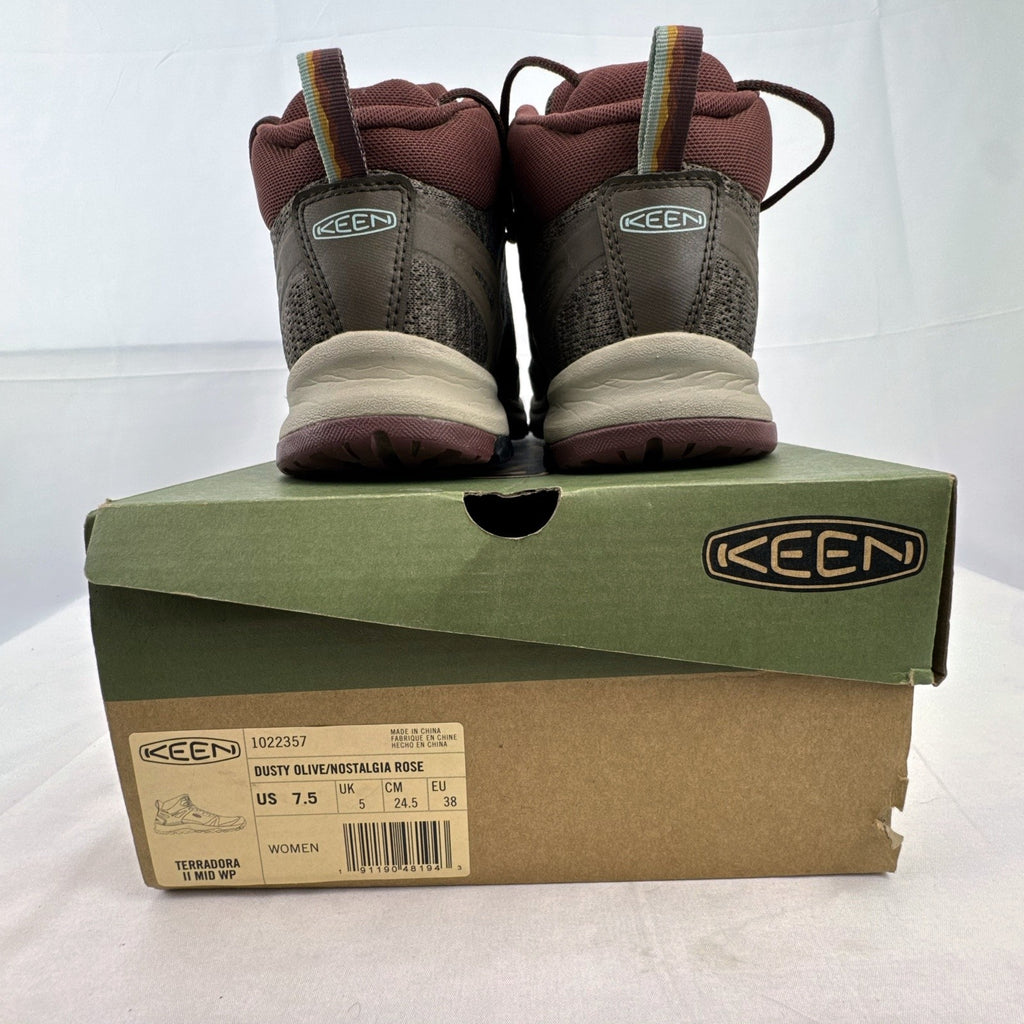 KEEN women's Terradora II Mid WP waterproof hiking boots in Dusty Olive green and rose, size 7.5