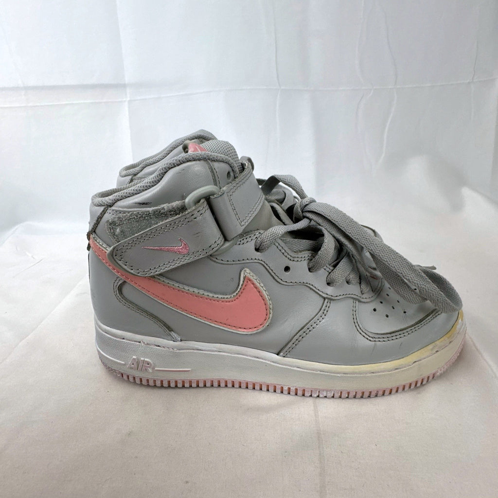 Women's Nike Air Force 1 Mid sneakers in grey leather with pink accents and ankle strap, size 7.5