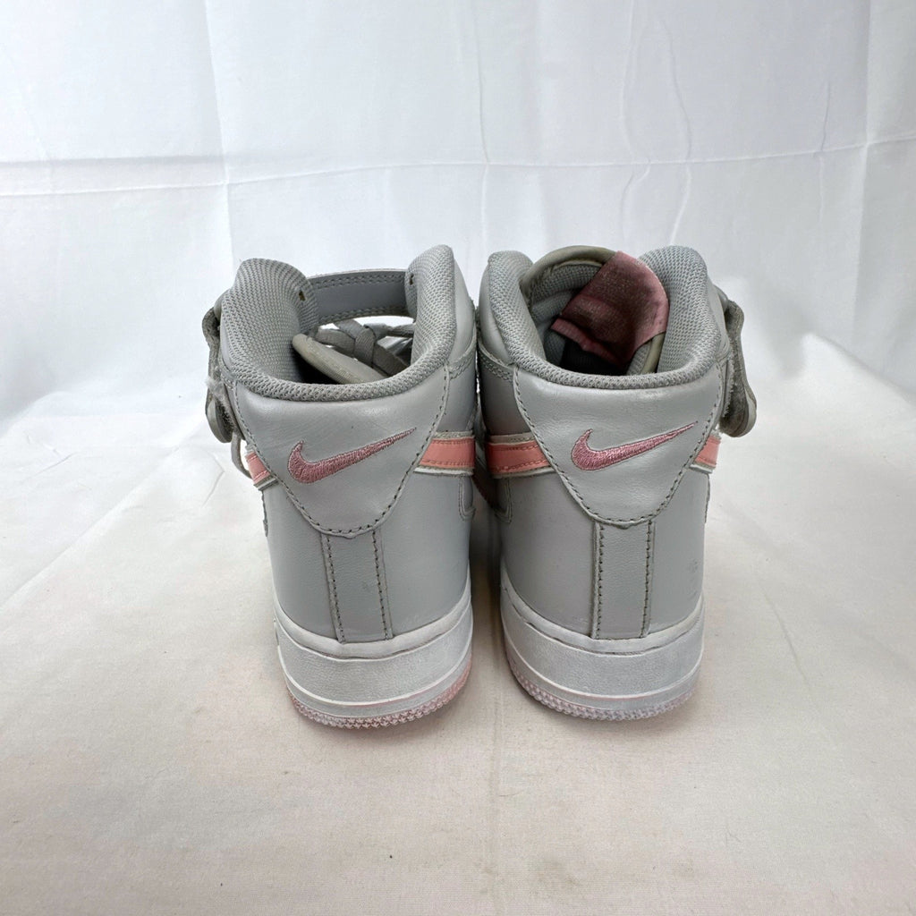 Women's Nike Air Force 1 Mid sneakers in grey leather with pink accents and ankle strap, size 7.5