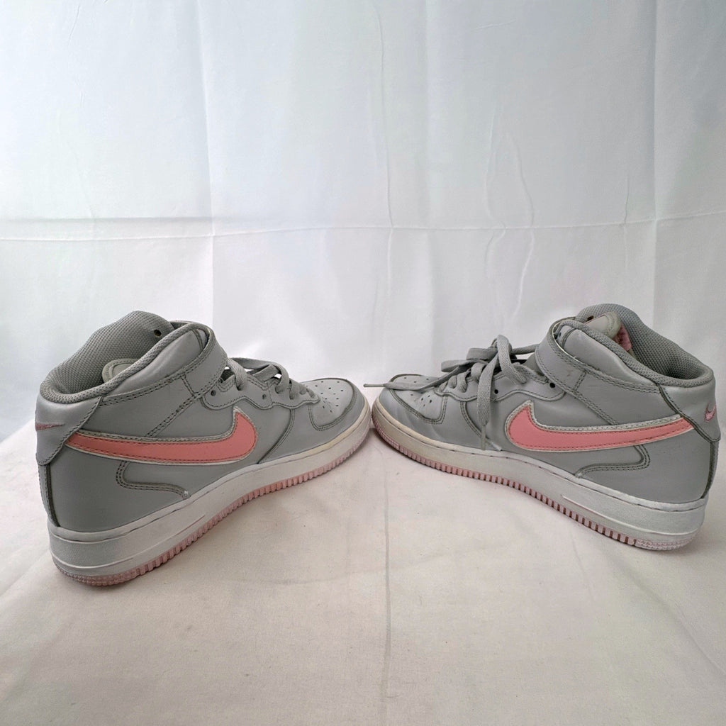 Women's Nike Air Force 1 Mid sneakers in grey leather with pink accents and ankle strap, size 7.5