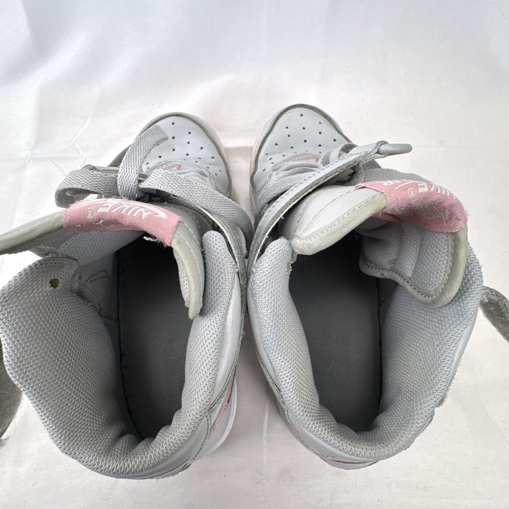 Women's Nike Air Force 1 Mid sneakers in grey leather with pink accents and ankle strap, size 7.5