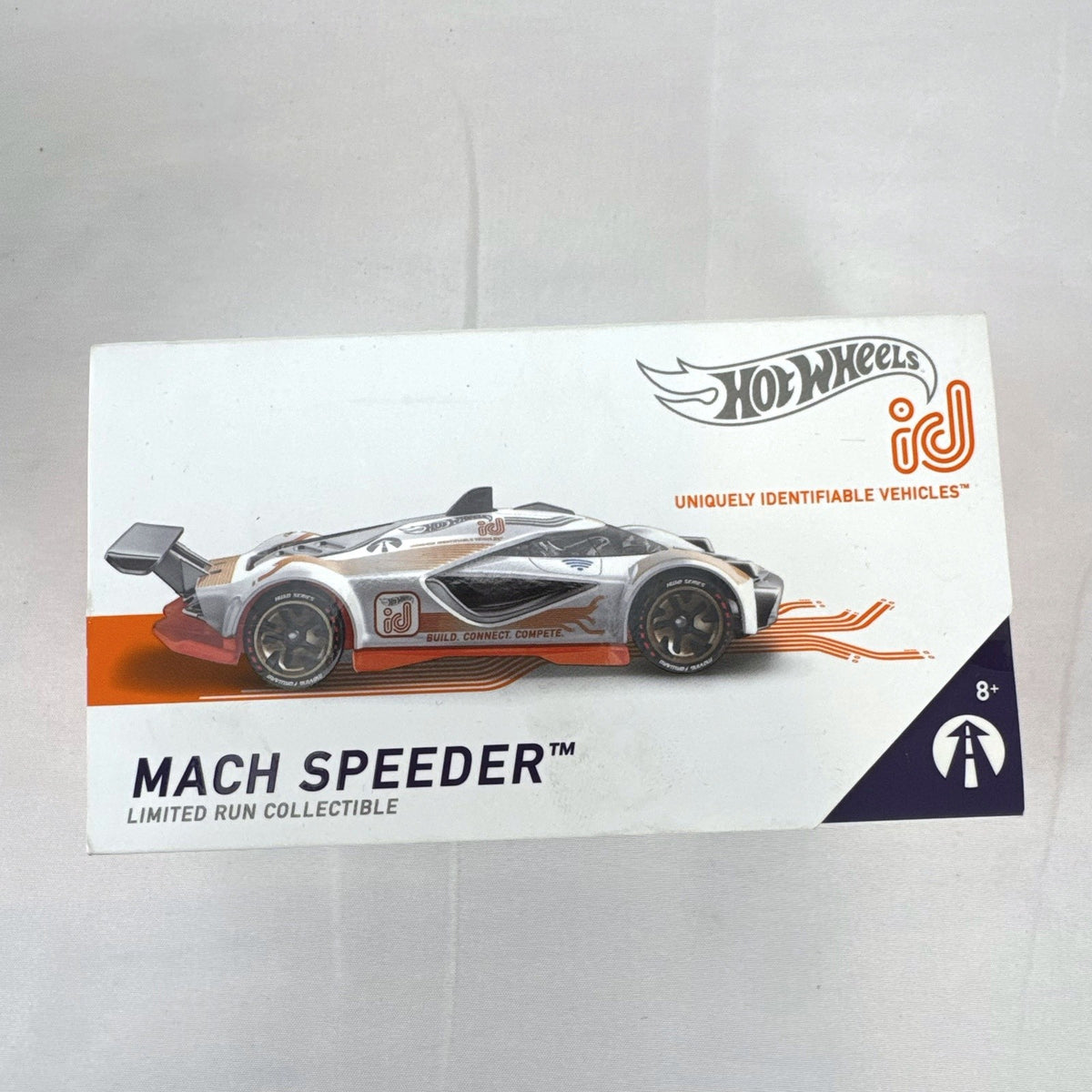 Hot Wheels id Mach Speeder 1:64 scale diecast car in white with cyber graphics in original packaging