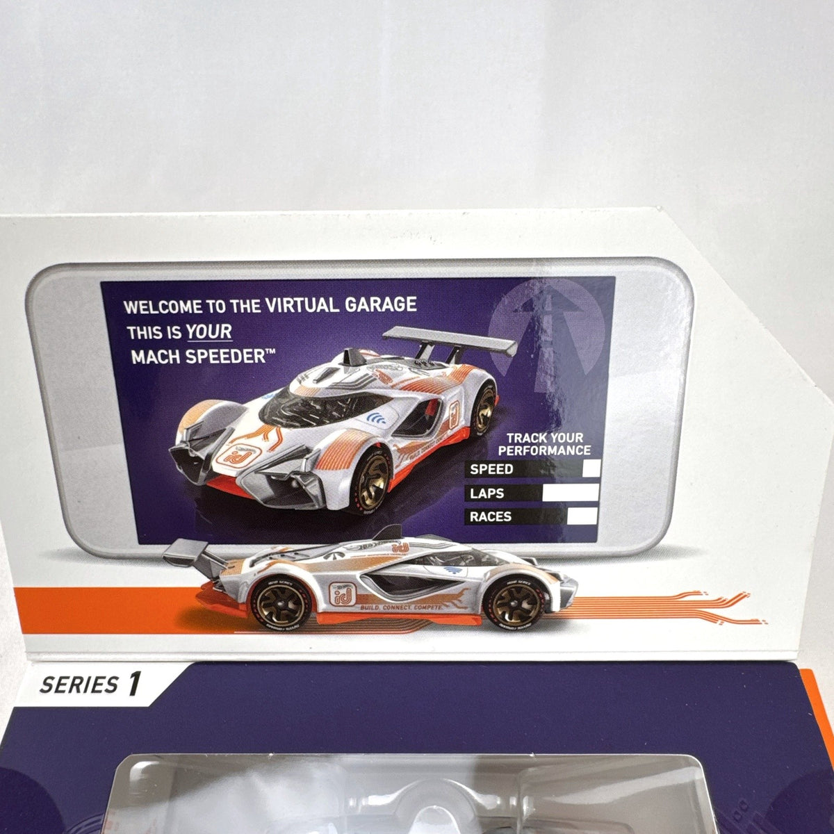 Hot Wheels id Mach Speeder 1:64 scale diecast car in white with cyber graphics in original packaging