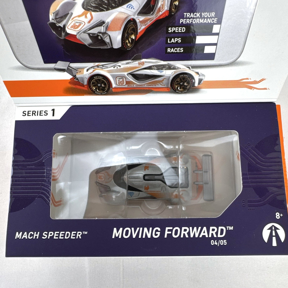 Hot Wheels id Mach Speeder 1:64 scale diecast car in white with cyber graphics in original packaging