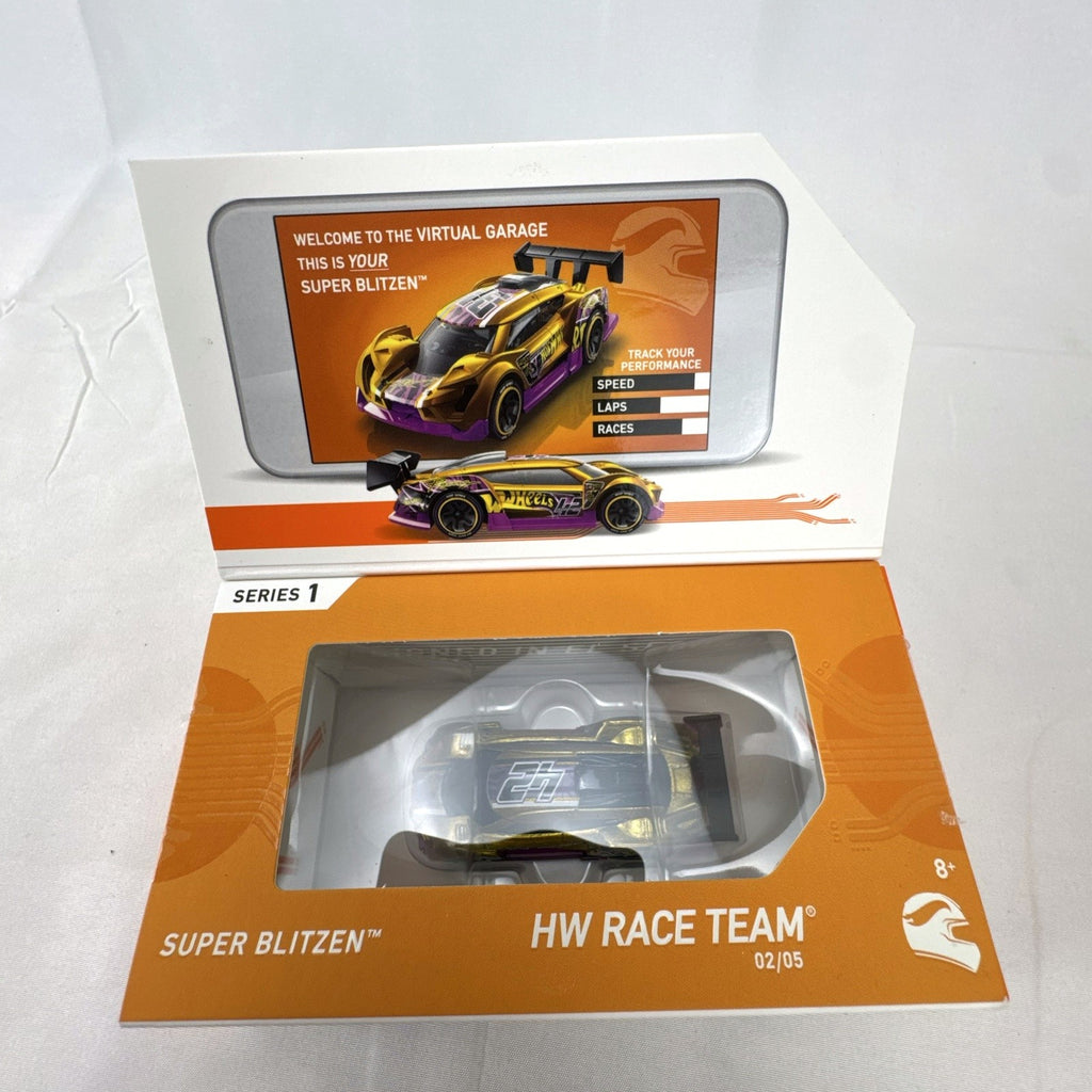 Hot Wheels id 1:64 scale Super Blitzen diecast car in Spectraflame gold with original collector display box