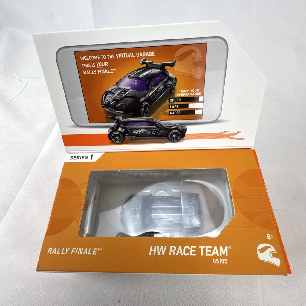 Hot Wheels id Series 1 Rally Finale 1:64 scale diecast car in satin black with purple glass in collector display box