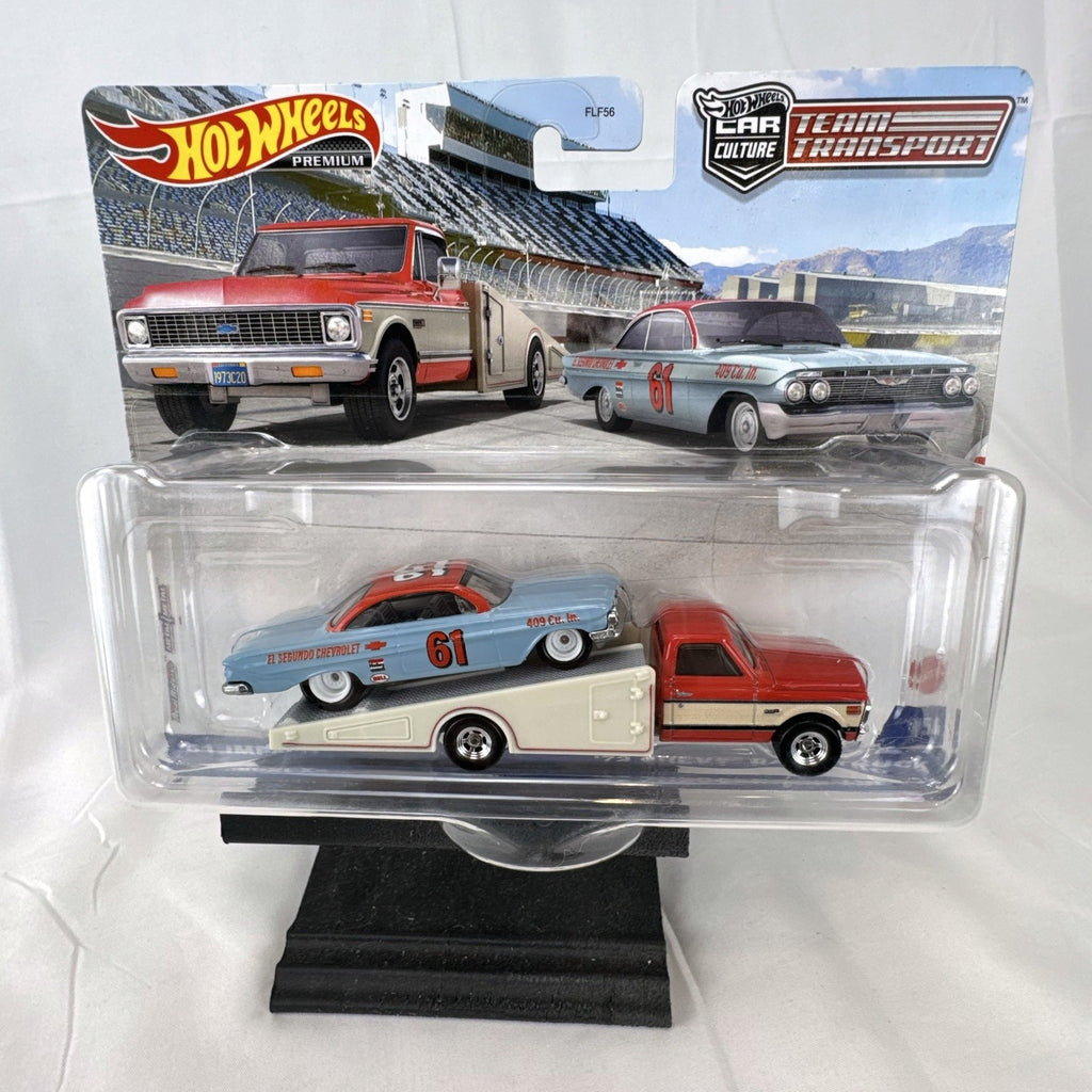 Hot Wheels Team Transport 1:64 scale '61 Chevy Impala and '72 Ramp Truck diecast set in sealed blister packaging