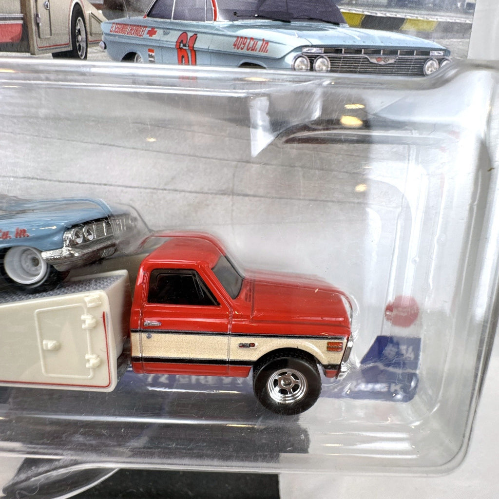 Hot Wheels Team Transport 1:64 scale '61 Chevy Impala and '72 Ramp Truck diecast set in sealed blister packaging