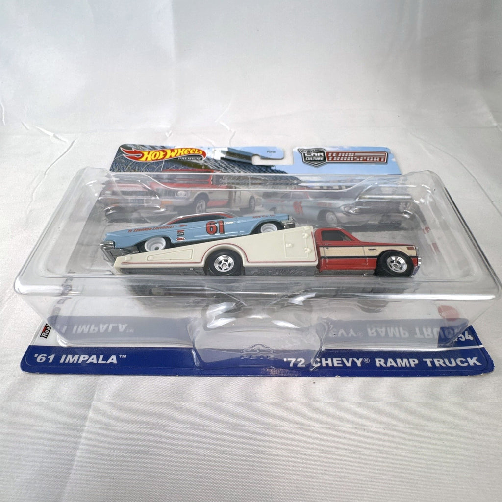 Hot Wheels Team Transport 1:64 scale '61 Chevy Impala and '72 Ramp Truck diecast set in sealed blister packaging