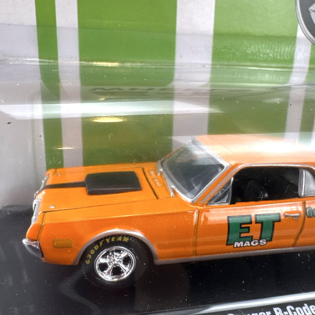 M2 Machines 1:64 scale 1968 1/2 Mercury Cougar R-Code diecast car in orange with ET Mags livery in sealed packaging