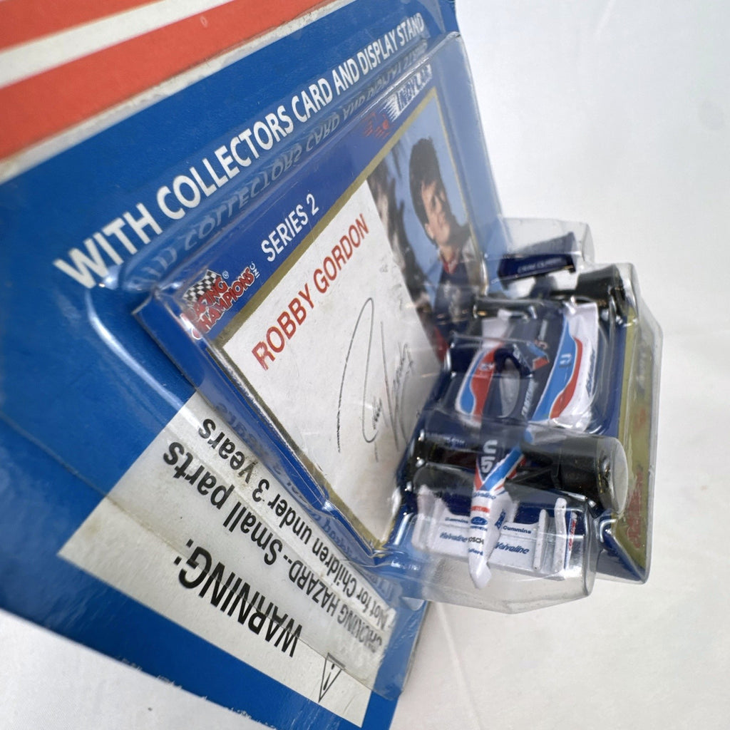 Racing Champions 1:64 diecast Robby Gordon #5 Valvoline IndyCar in factory-sealed blister pack with display stand