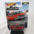 Hot Wheels Fast & Furious 1961 Chevrolet Impala 1:64 diecast car in gloss red with Real Riders tires in packaging.