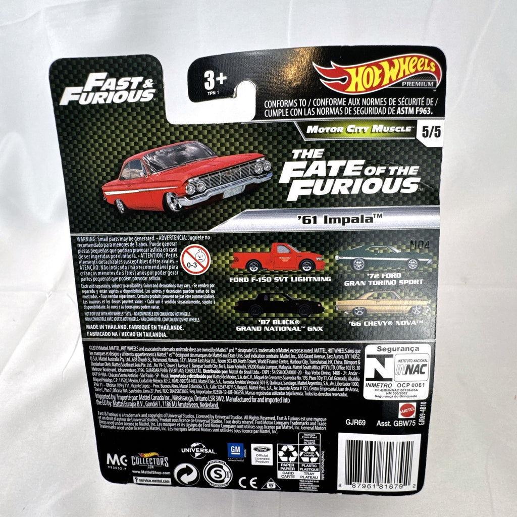 Hot Wheels Fast & Furious 1961 Chevrolet Impala 1:64 diecast car in gloss red with Real Riders tires in packaging.