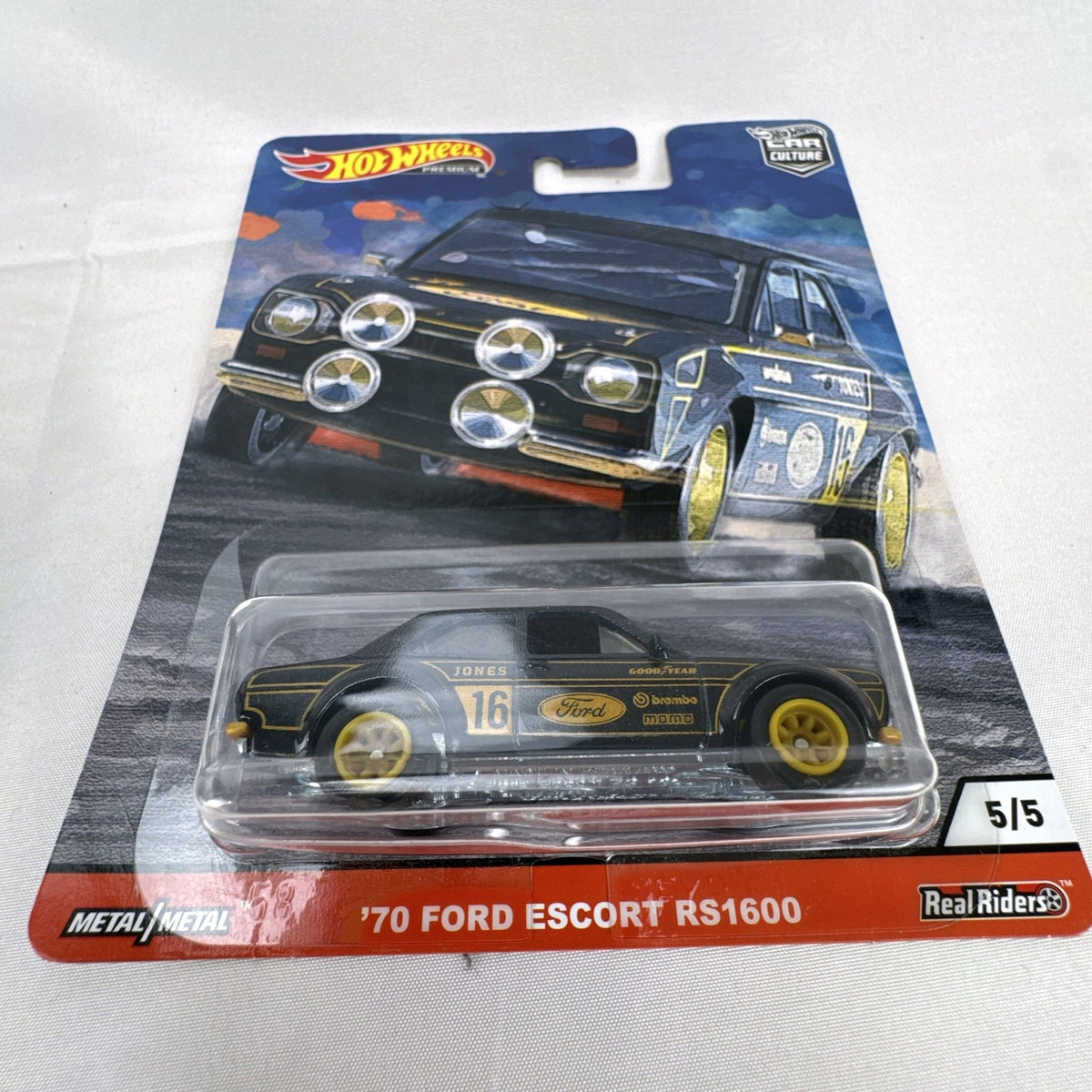 Hot Wheels Car Culture Door Slammers 1970 Ford Escort RS1600 1:64 diecast car in black and gold packaging