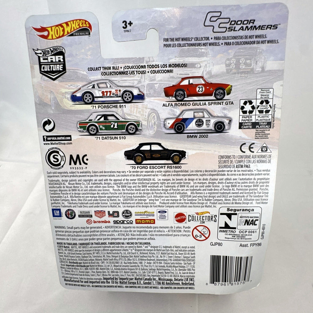 Hot Wheels Car Culture Door Slammers 1970 Ford Escort RS1600 1:64 diecast car in black and gold packaging