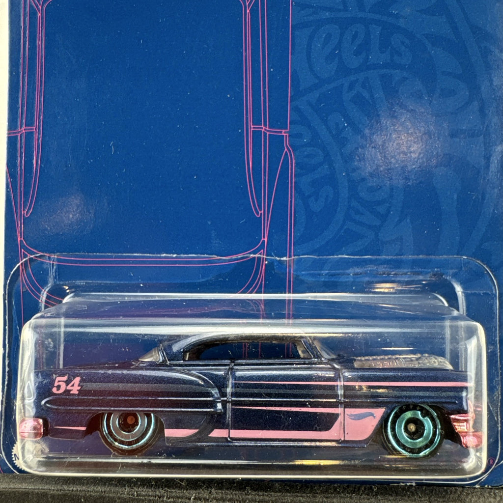 Sealed Hot Wheels 54th Anniversary Custom '53 Chevy 1:64 scale diecast car in metallic blue with pink graphics