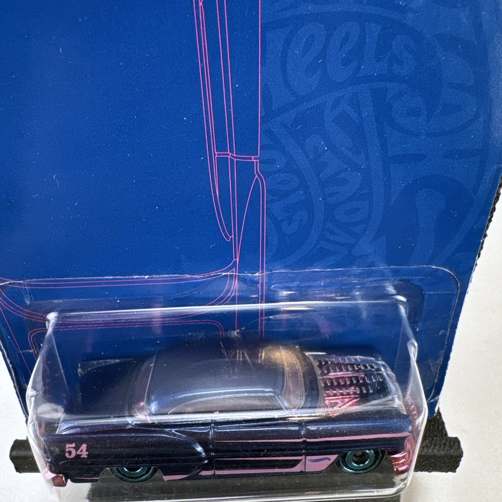 Sealed Hot Wheels 54th Anniversary Custom '53 Chevy 1:64 scale diecast car in metallic blue with pink graphics