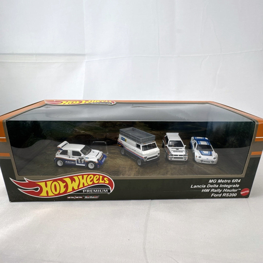 Hot Wheels Premium Rally Diorama Set 1:64 scale diecast 4-pack featuring Ford RS200, Lancia Delta, MG Metro, and Hauler.