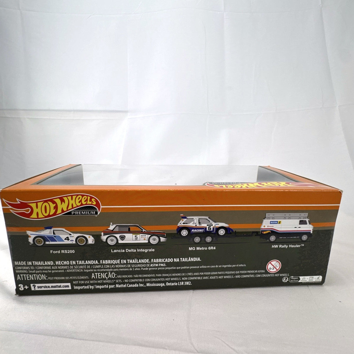 Hot Wheels Premium Rally Diorama Set 1:64 scale diecast 4-pack featuring Ford RS200, Lancia Delta, MG Metro, and Hauler.