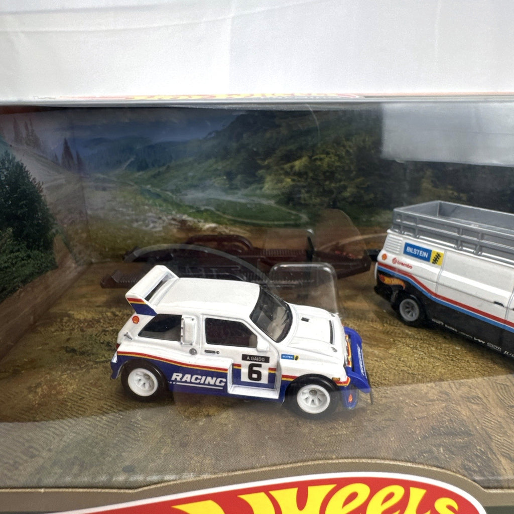 Hot Wheels Premium Rally Diorama Set 1:64 scale diecast 4-pack featuring Ford RS200, Lancia Delta, MG Metro, and Hauler.