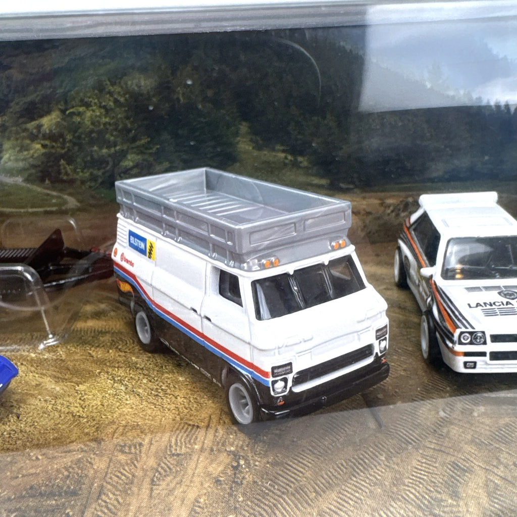 Hot Wheels Premium Rally Diorama Set 1:64 scale diecast 4-pack featuring Ford RS200, Lancia Delta, MG Metro, and Hauler.