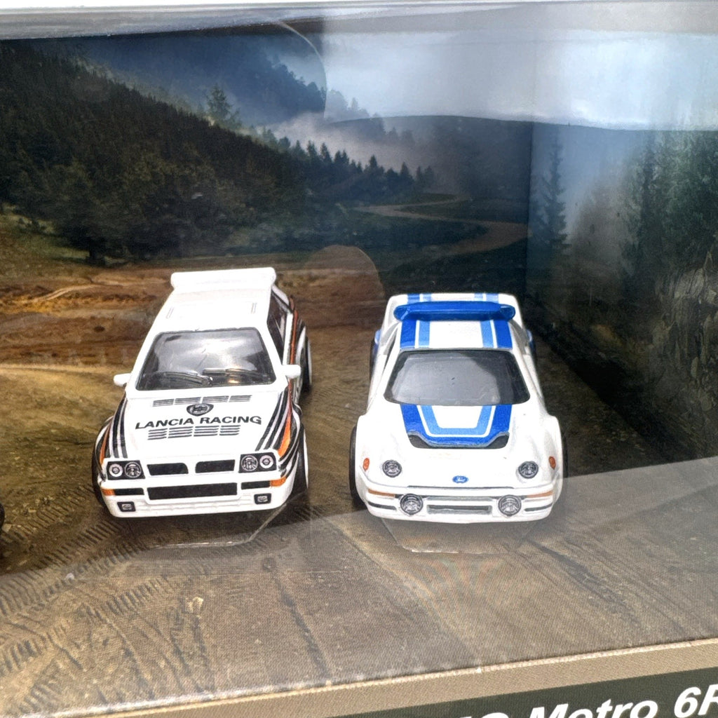 Hot Wheels Premium Rally Diorama Set 1:64 scale diecast 4-pack featuring Ford RS200, Lancia Delta, MG Metro, and Hauler.