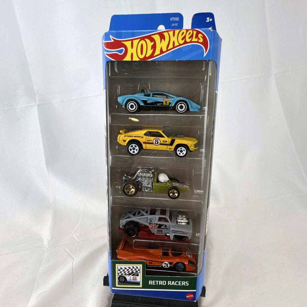 Hot Wheels Retro Racers 1:64 scale diecast 5-pack in sealed packaging featuring Porsche 917 LH and '70 Ford Mustang