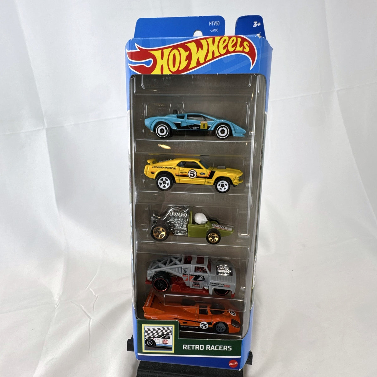 Hot Wheels Retro Racers 1:64 scale diecast 5-pack in sealed packaging featuring Porsche 917 LH and '70 Ford Mustang