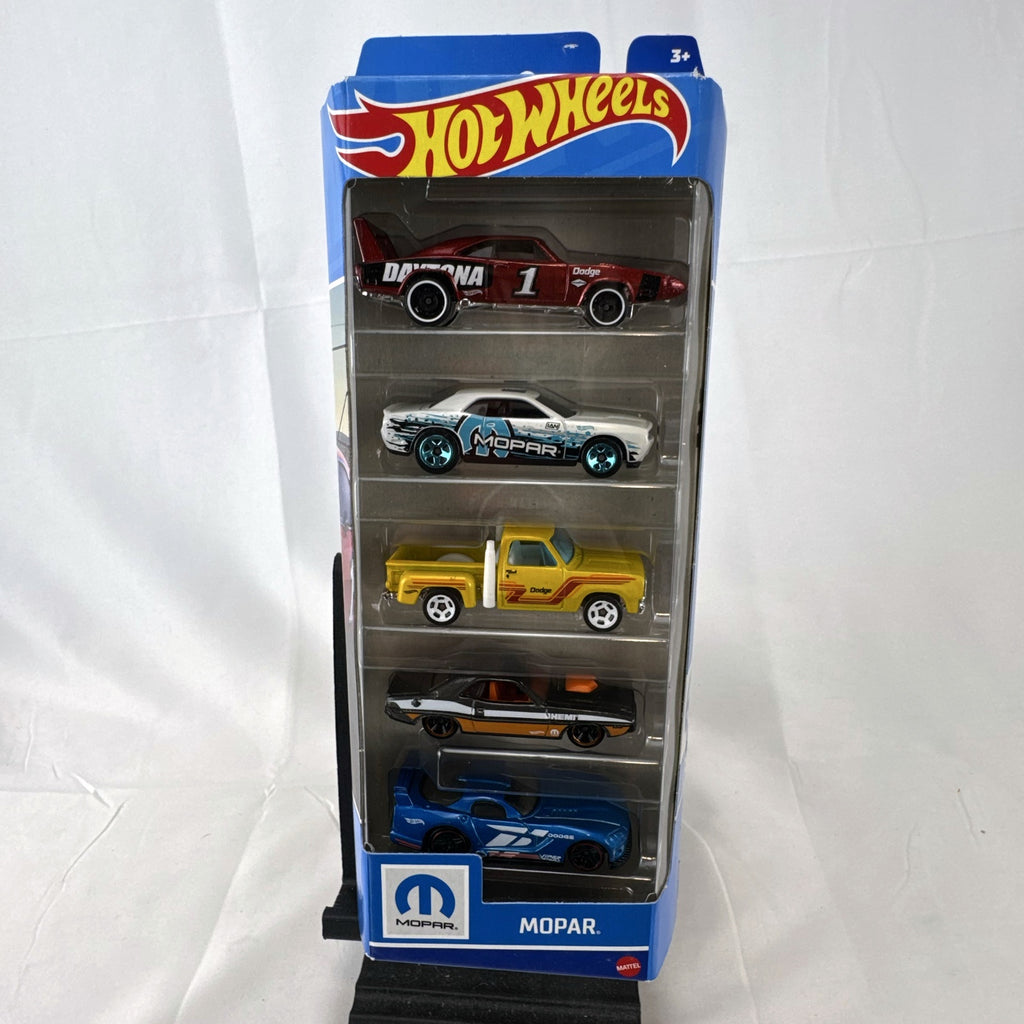 Hot Wheels Mopar 5-pack factory sealed 1:64 scale diecast set featuring Dodge Charger Daytona, Viper GTS-R, and Challenger.
