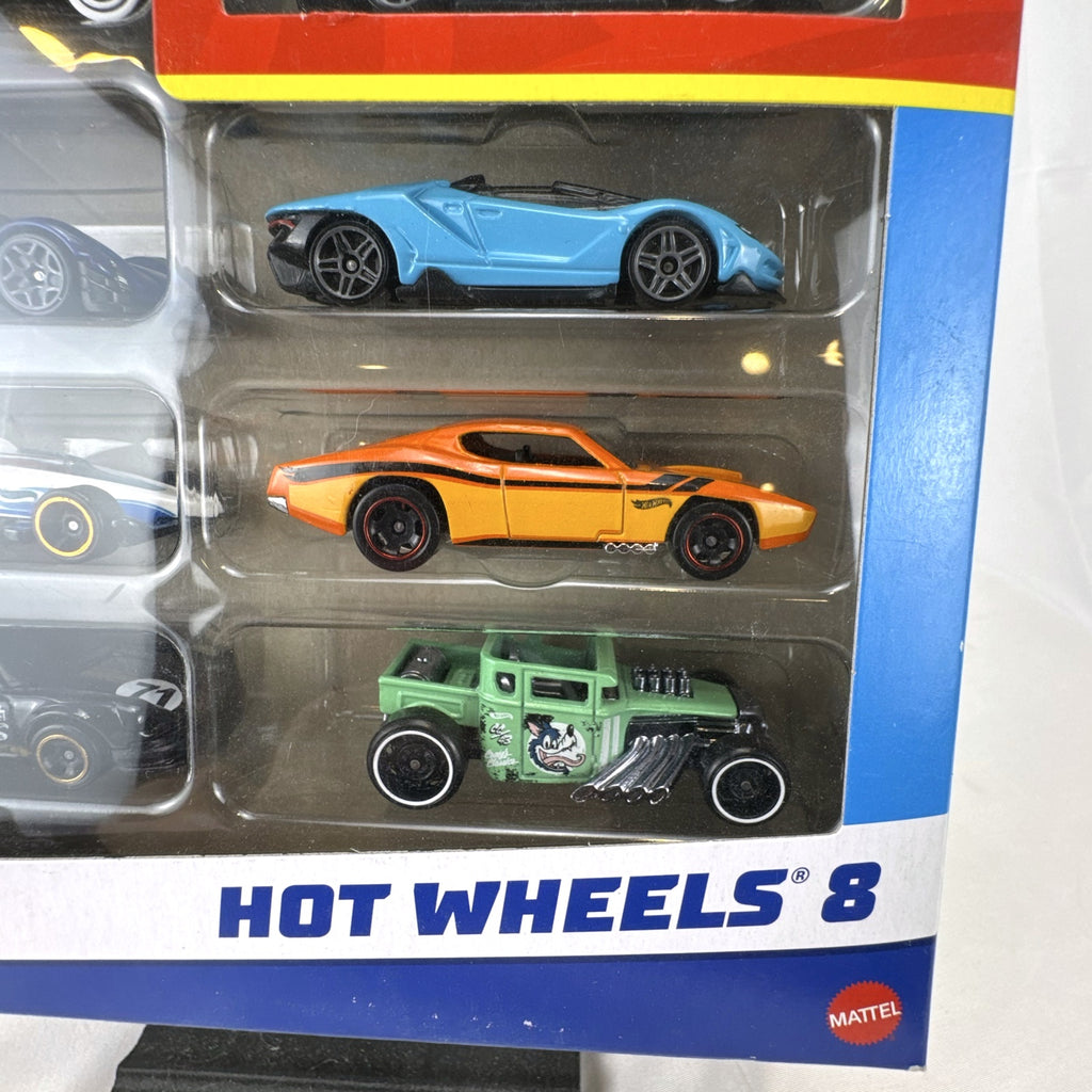 Factory sealed Hot Wheels 8-car diecast set in 1:64 scale featuring an exclusive '18 Ford Mustang GT.