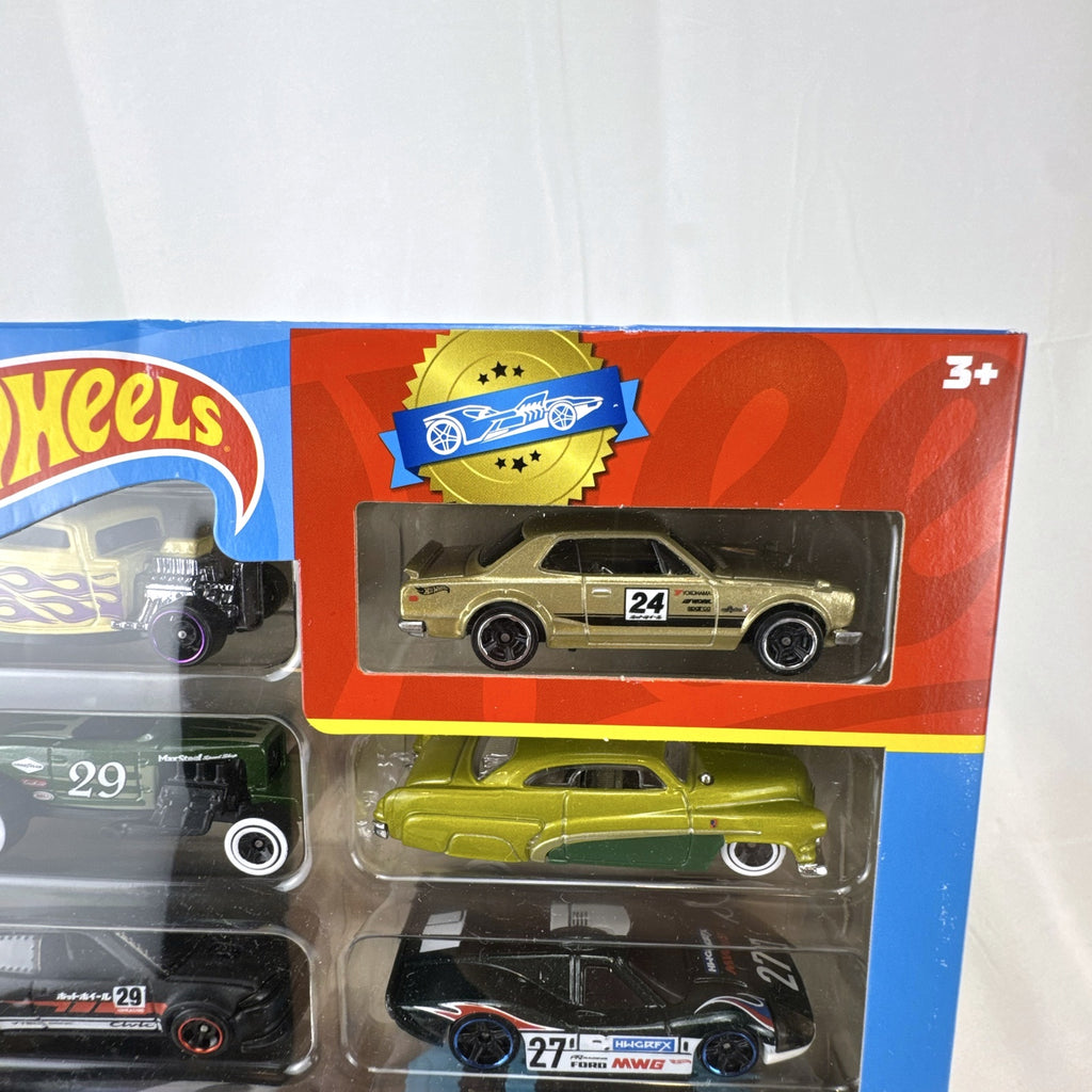 Factory-sealed Hot Wheels 8-pack 1:64 diecast car set including Nissan Skyline HT 2000GT-X and Porsche 911.