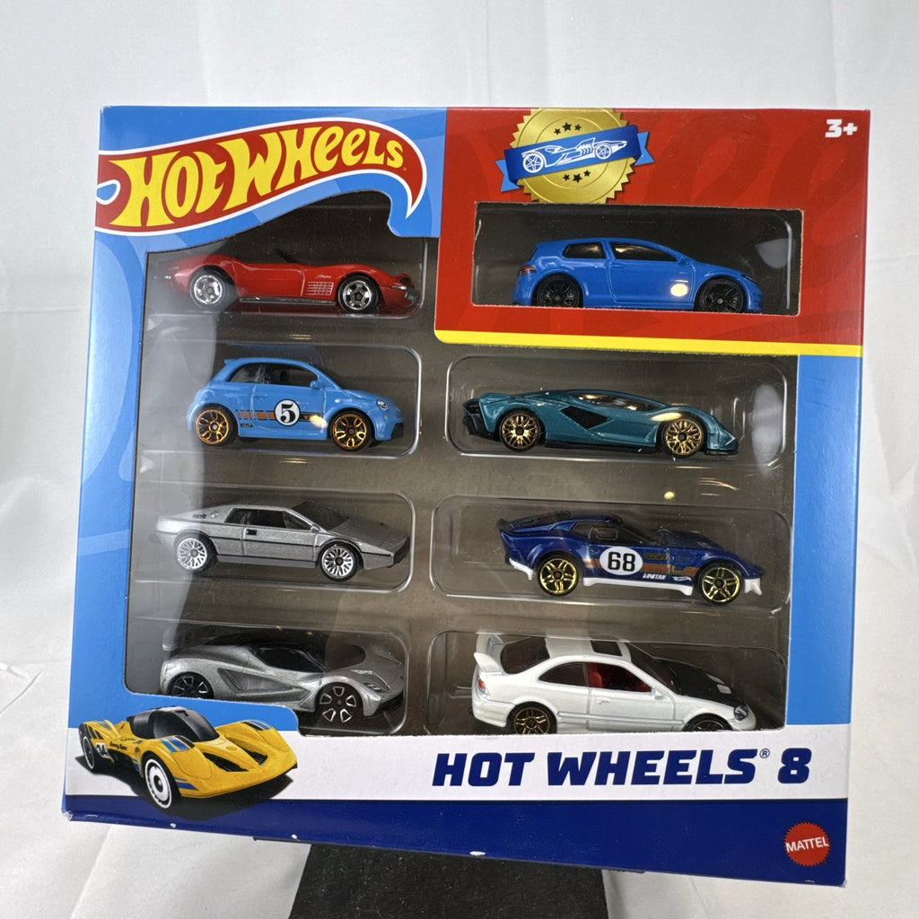 Factory-sealed Hot Wheels 8-pack diecast vehicle box set featuring 1:64 scale cars.