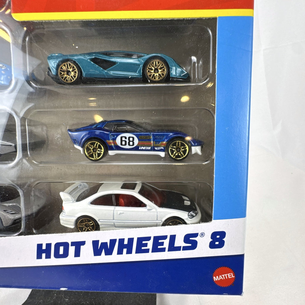 Factory-sealed Hot Wheels 8-pack diecast vehicle box set featuring 1:64 scale cars.
