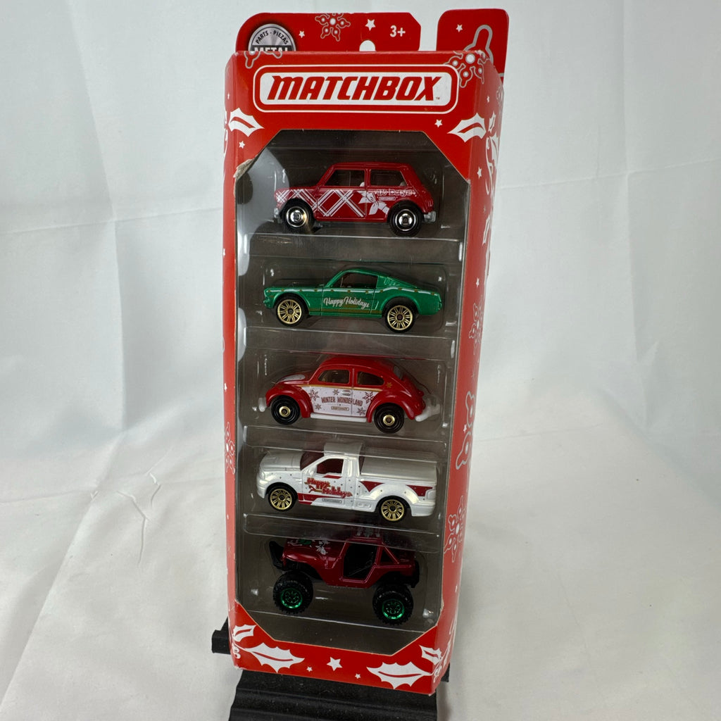 Factory sealed Matchbox Holiday 5-pack 1:64 diecast car set featuring Ford Mustang GT, VW Beetle, and Mini Cooper.