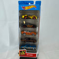 Factory sealed Hot Wheels HW Flames 5-pack 1:64 diecast cars including Mustang, Camaro, Viper, Coronet, and Fairlane.