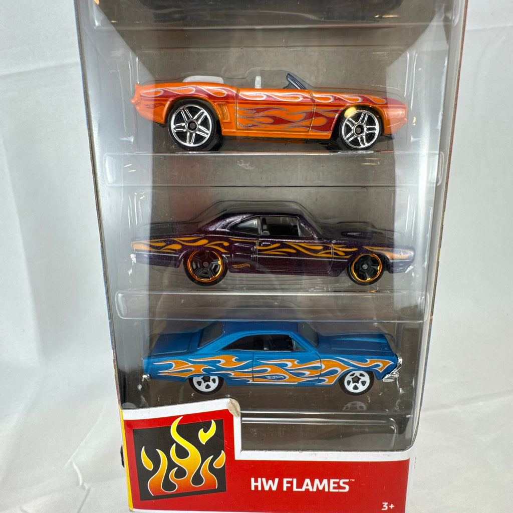 Factory sealed Hot Wheels HW Flames 5-pack 1:64 diecast cars including Mustang, Camaro, Viper, Coronet, and Fairlane.