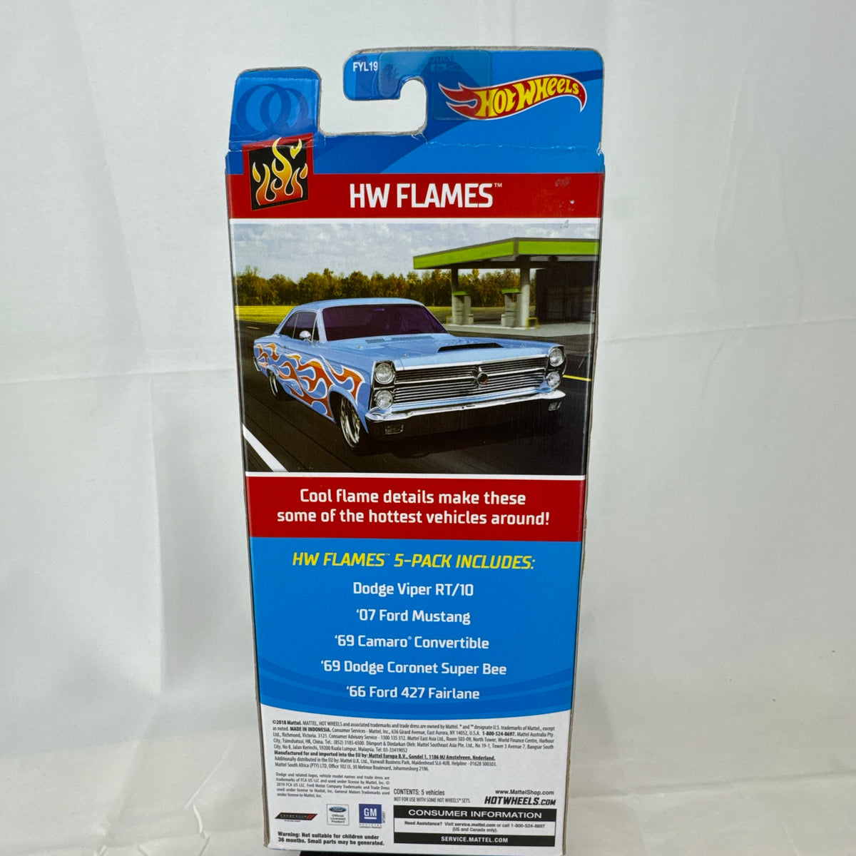 Factory sealed Hot Wheels HW Flames 5-pack 1:64 diecast cars including Mustang, Camaro, Viper, Coronet, and Fairlane.