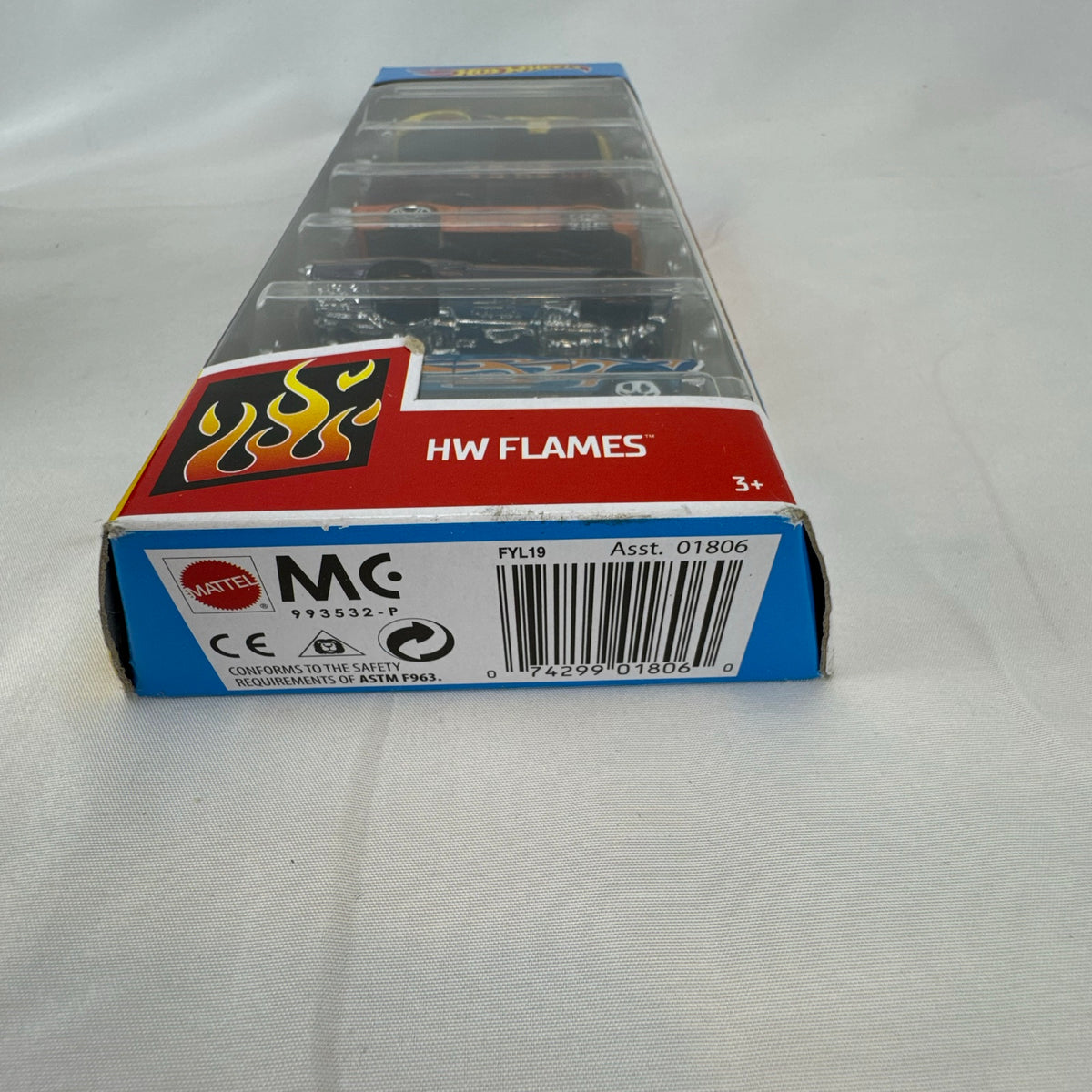 Factory sealed Hot Wheels HW Flames 5-pack 1:64 diecast cars including Mustang, Camaro, Viper, Coronet, and Fairlane.