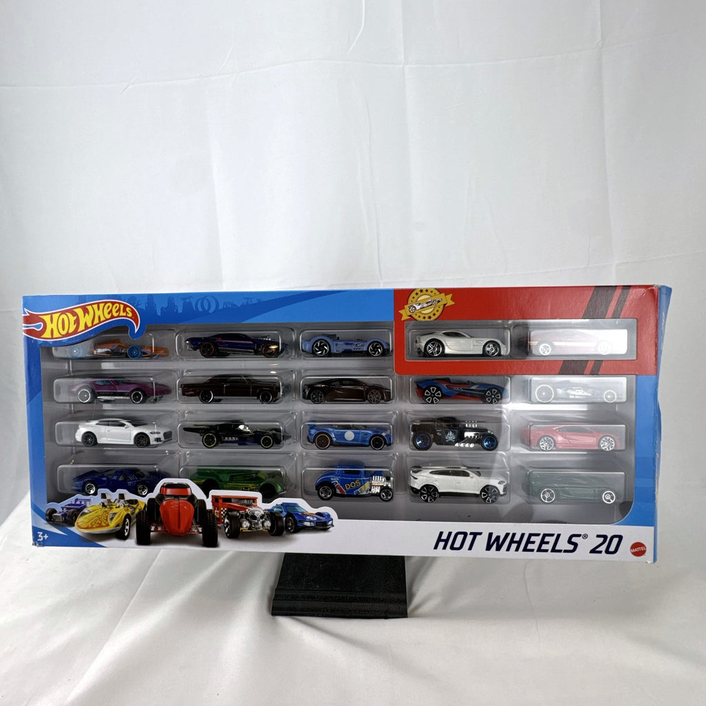 Hot Wheels 20-car diecast 1:64 scale multipack featuring classic muscle cars and modern supercars.