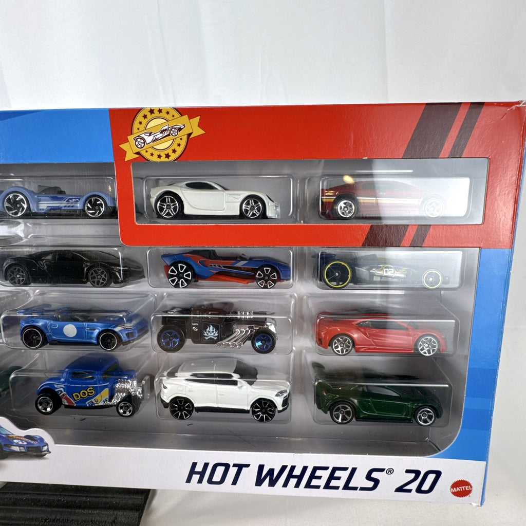 Hot Wheels 20-car diecast 1:64 scale multipack featuring classic muscle cars and modern supercars.