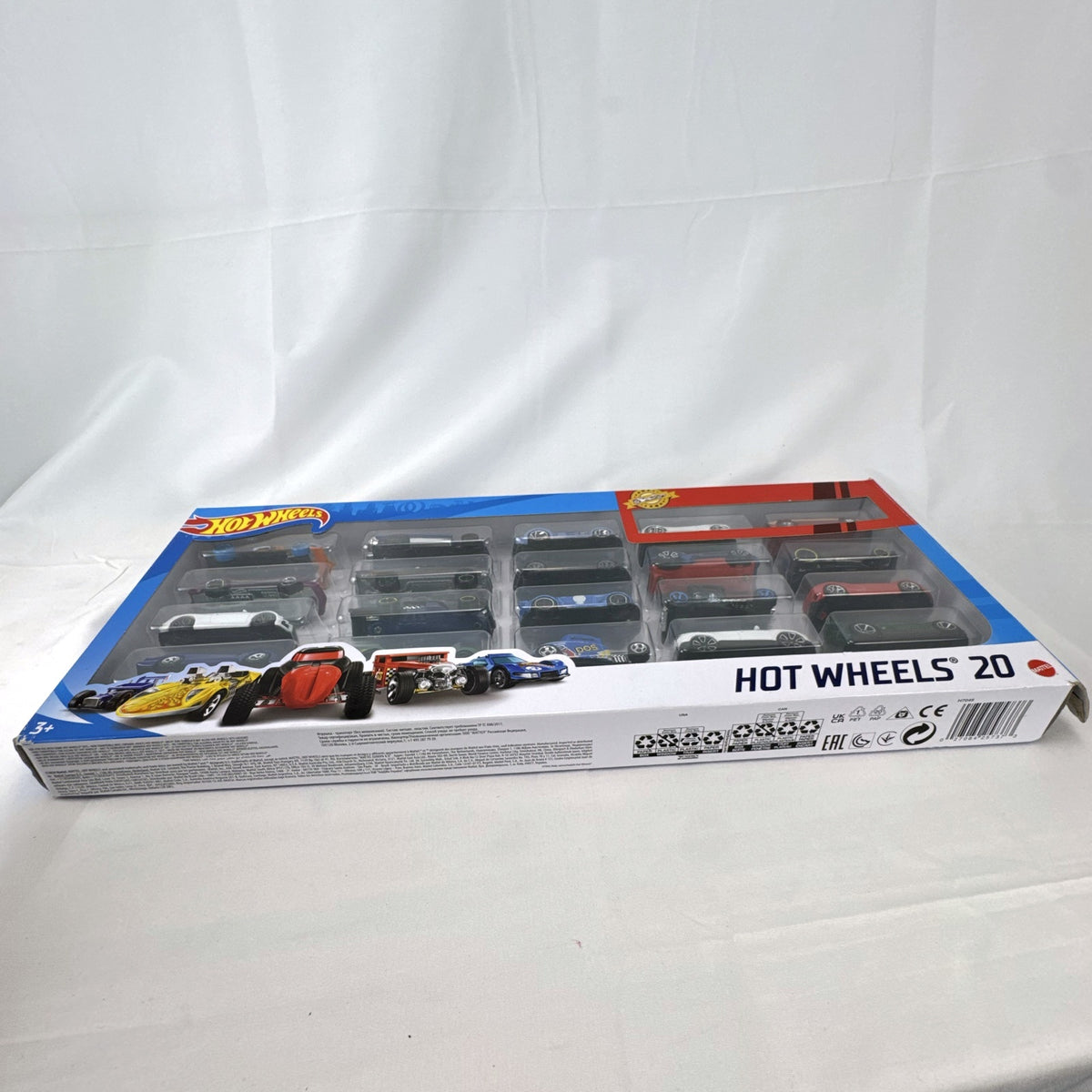 Hot Wheels 20-car diecast 1:64 scale multipack featuring classic muscle cars and modern supercars.