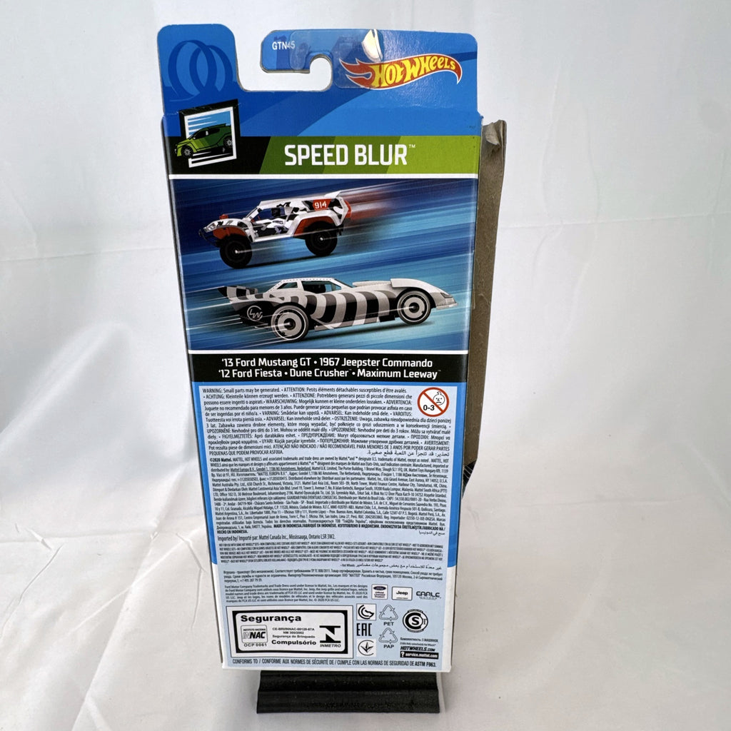 Hot Wheels Speed Blur 5-car diecast vehicle set in 1:64 scale featuring Ford Mustang GT and Jeepster Commando