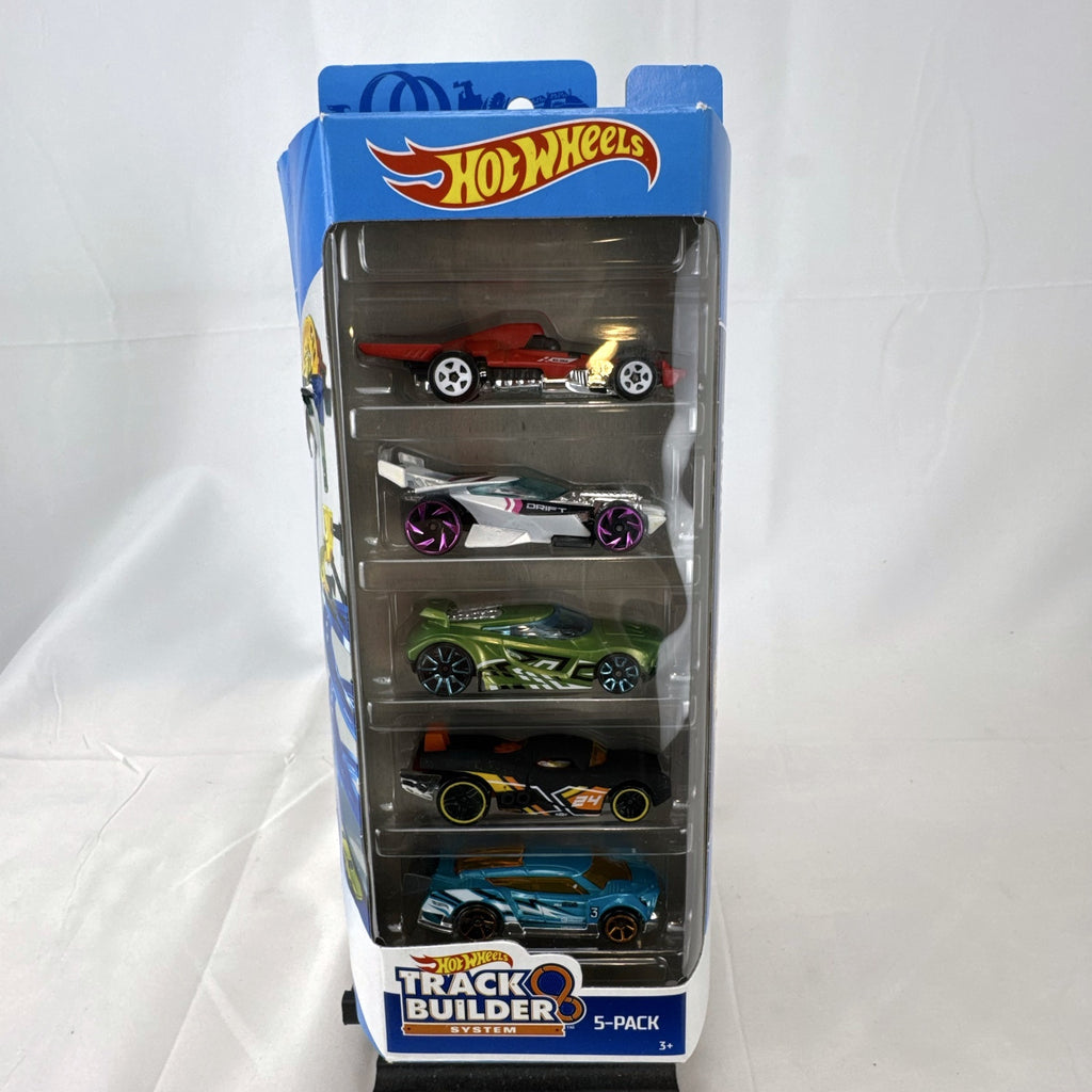 Hot Wheels Track Builder 5-pack 1:64 scale diecast cars including Drift King and Chicane in packaging