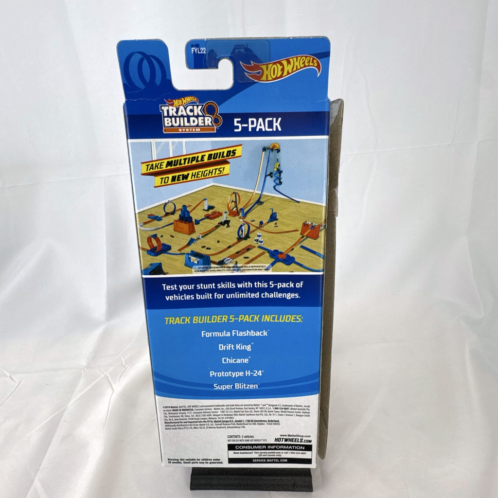 Hot Wheels Track Builder 5-pack 1:64 scale diecast cars including Drift King and Chicane in packaging