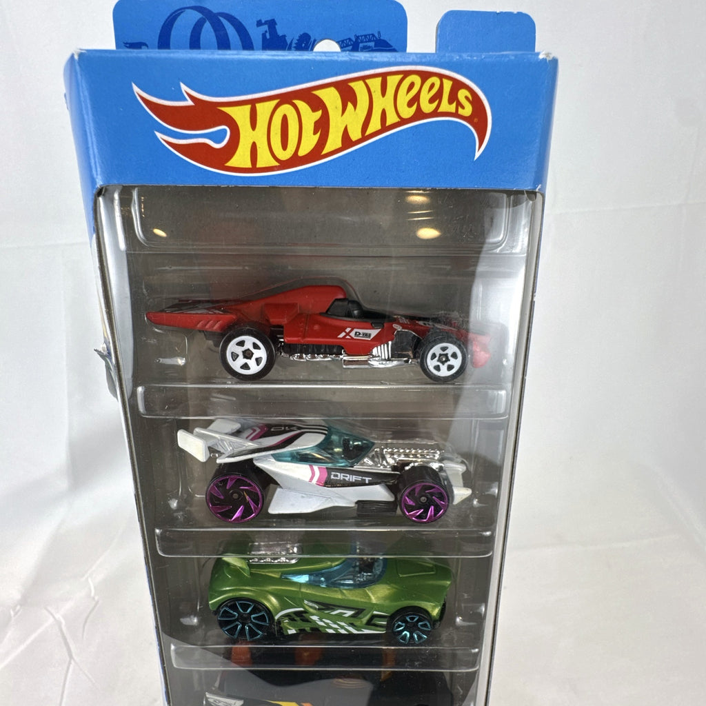 Hot Wheels Track Builder 5-pack 1:64 scale diecast cars including Drift King and Chicane in packaging