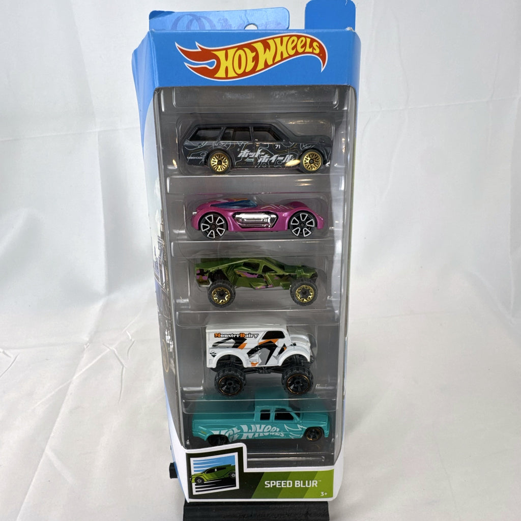 Hot Wheels Speed Blur 5-car diecast set in 1:64 scale featuring the 1971 Datsun 510 Wagon and custom vehicles.