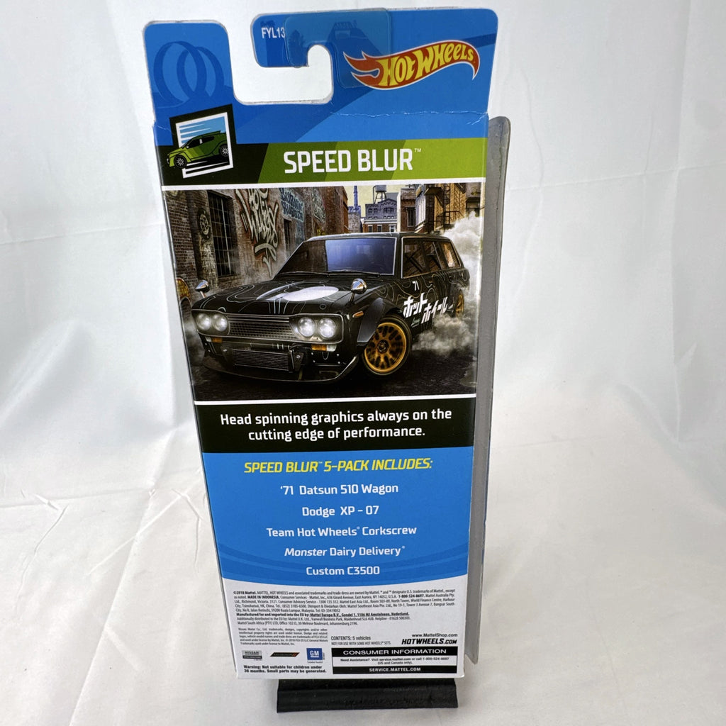 Hot Wheels Speed Blur 5-car diecast set in 1:64 scale featuring the 1971 Datsun 510 Wagon and custom vehicles.