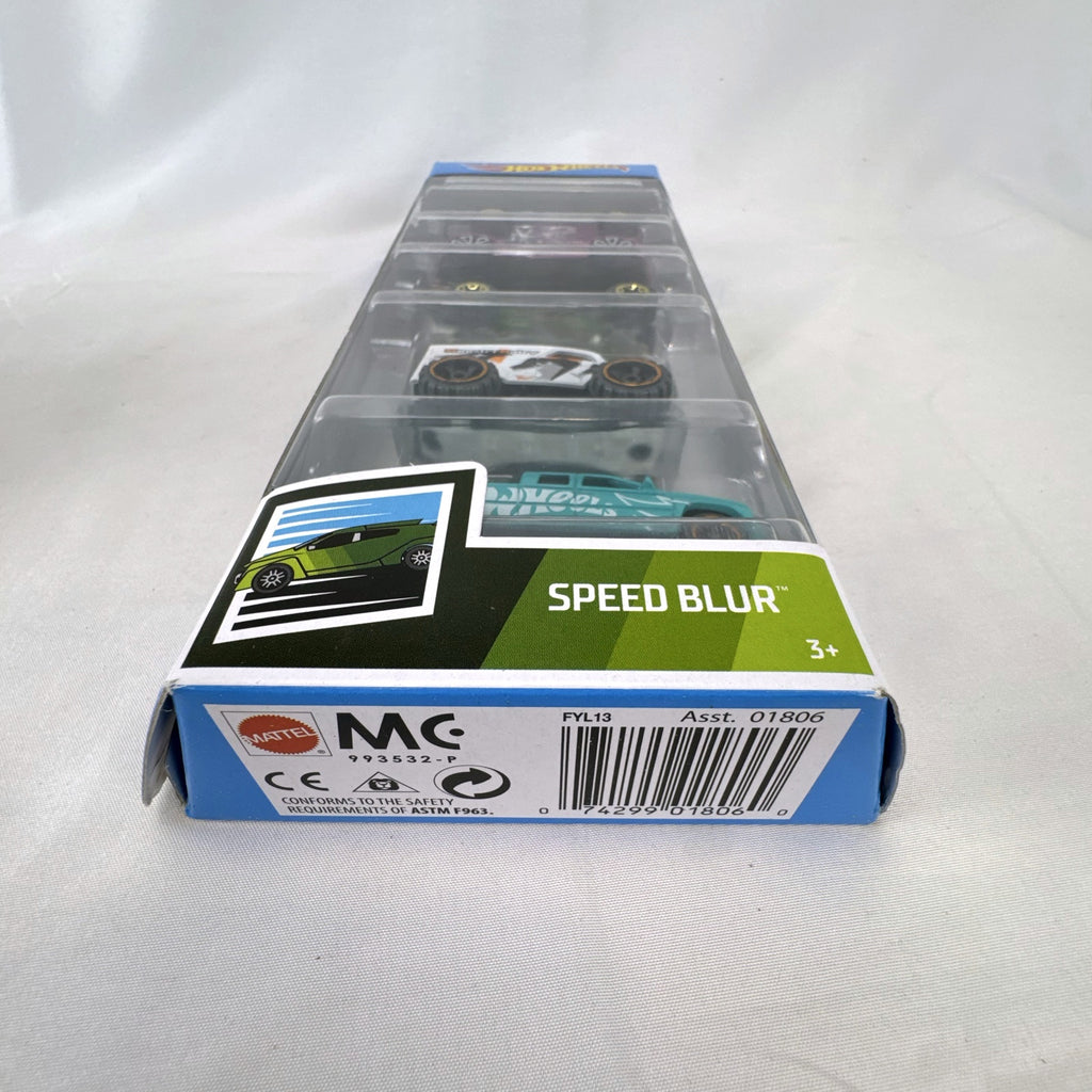 Hot Wheels Speed Blur 5-car diecast set in 1:64 scale featuring the 1971 Datsun 510 Wagon and custom vehicles.