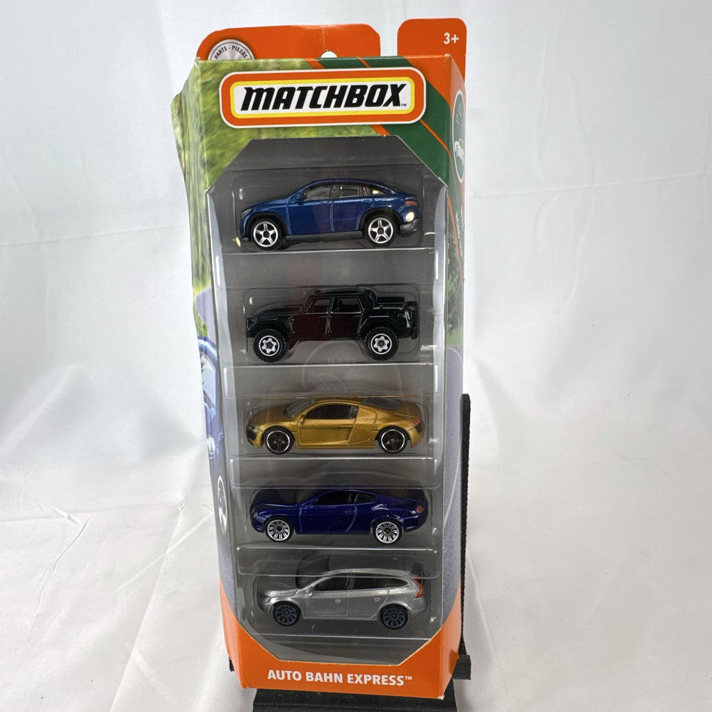 Matchbox Auto Bahn Express 5-pack diecast 1:64 scale car set featuring Audi, Bentley, Mercedes, Volvo, and Lamborghini.