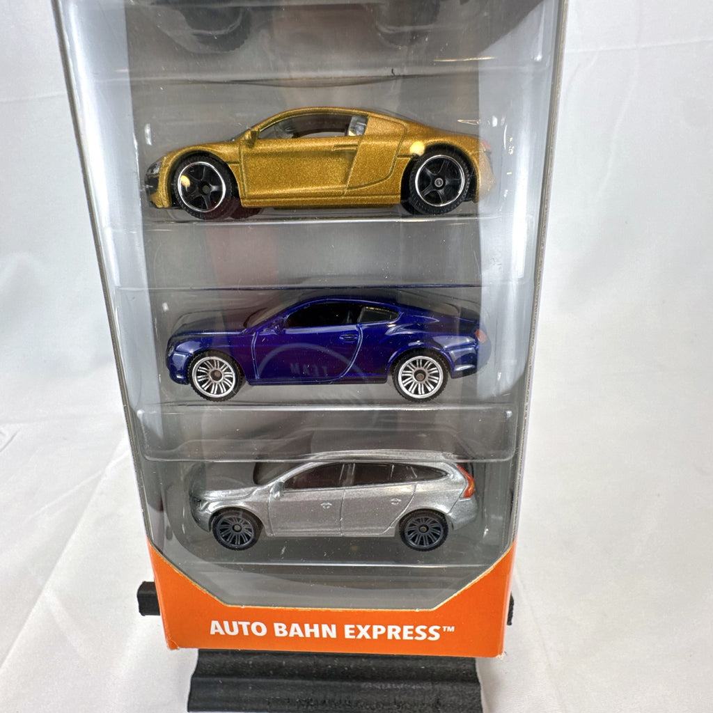 Matchbox Auto Bahn Express 5-pack diecast 1:64 scale car set featuring Audi, Bentley, Mercedes, Volvo, and Lamborghini.